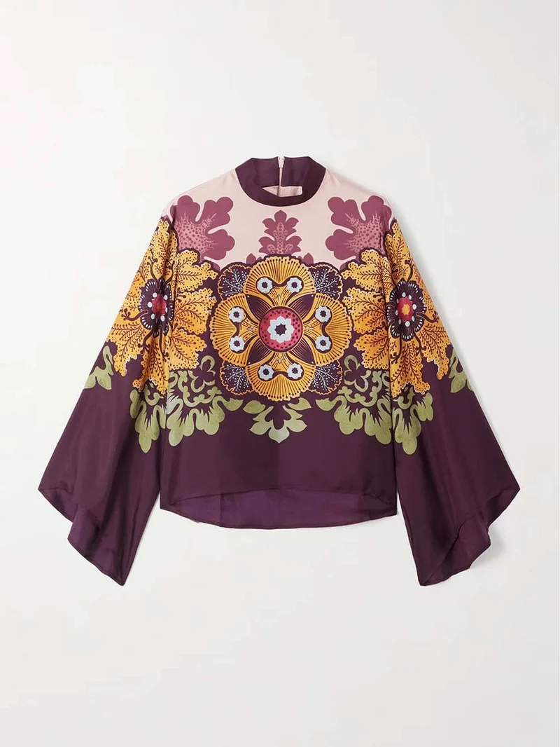 Retro Ethnic Print Satin Twill Shirt