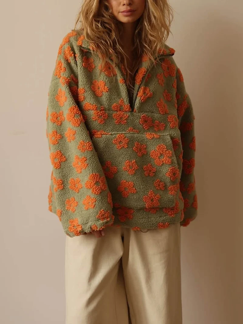 Fashion Printed Faux Shearling Zip-Up Sweatshirt