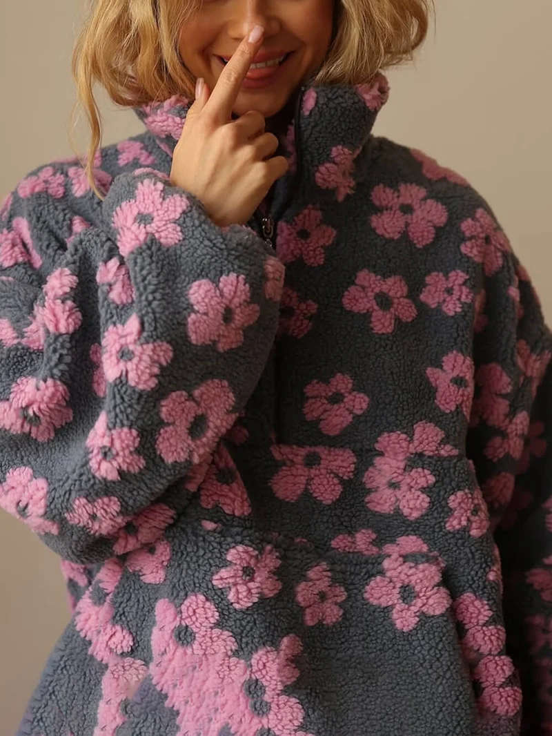 Fashion Printed Faux Shearling Zip-Up Sweatshirt