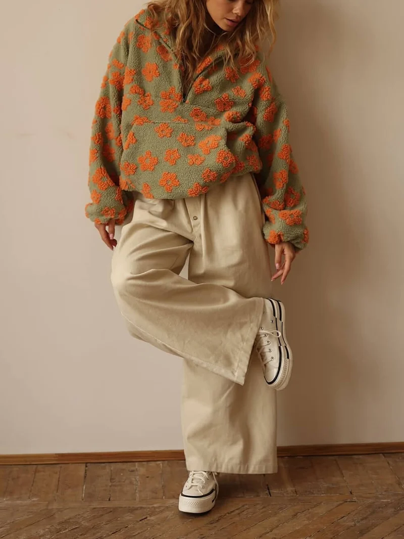 Fashion Printed Faux Shearling Zip-Up Sweatshirt
