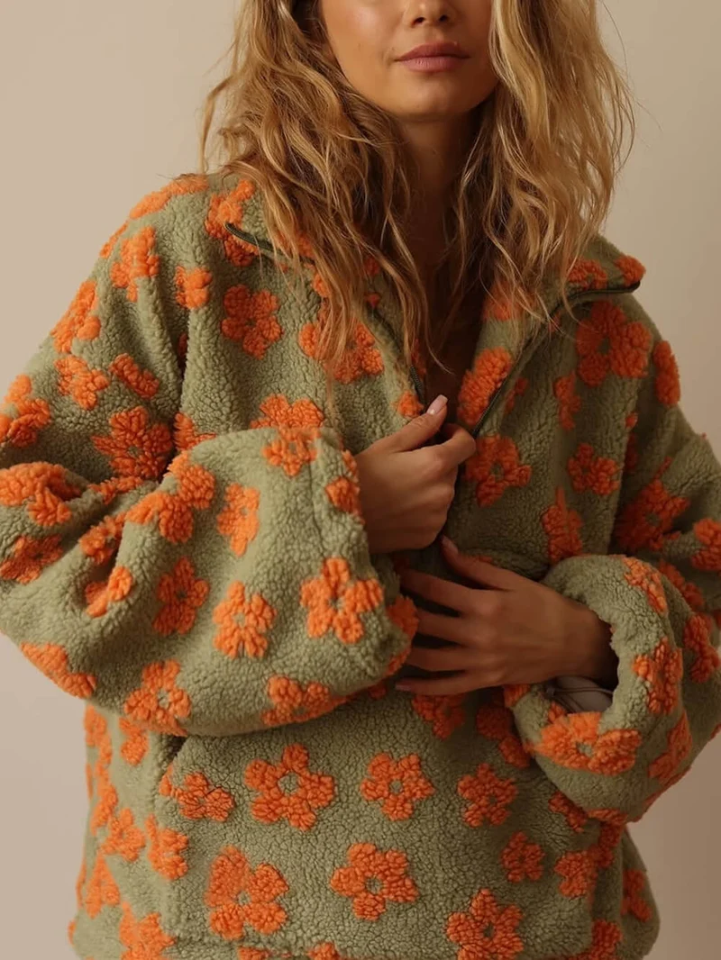 Fashion Printed Faux Shearling Zip-Up Sweatshirt