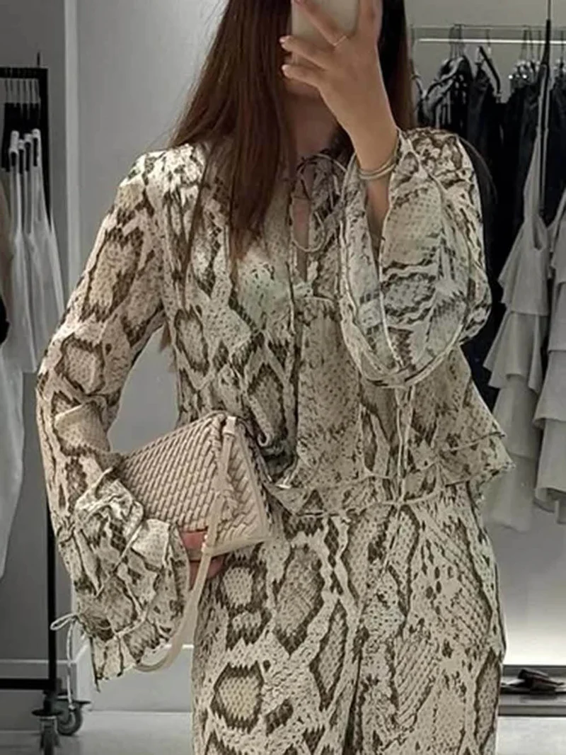 Unique Snake Print Tie-Up Long Sleeve Shirt