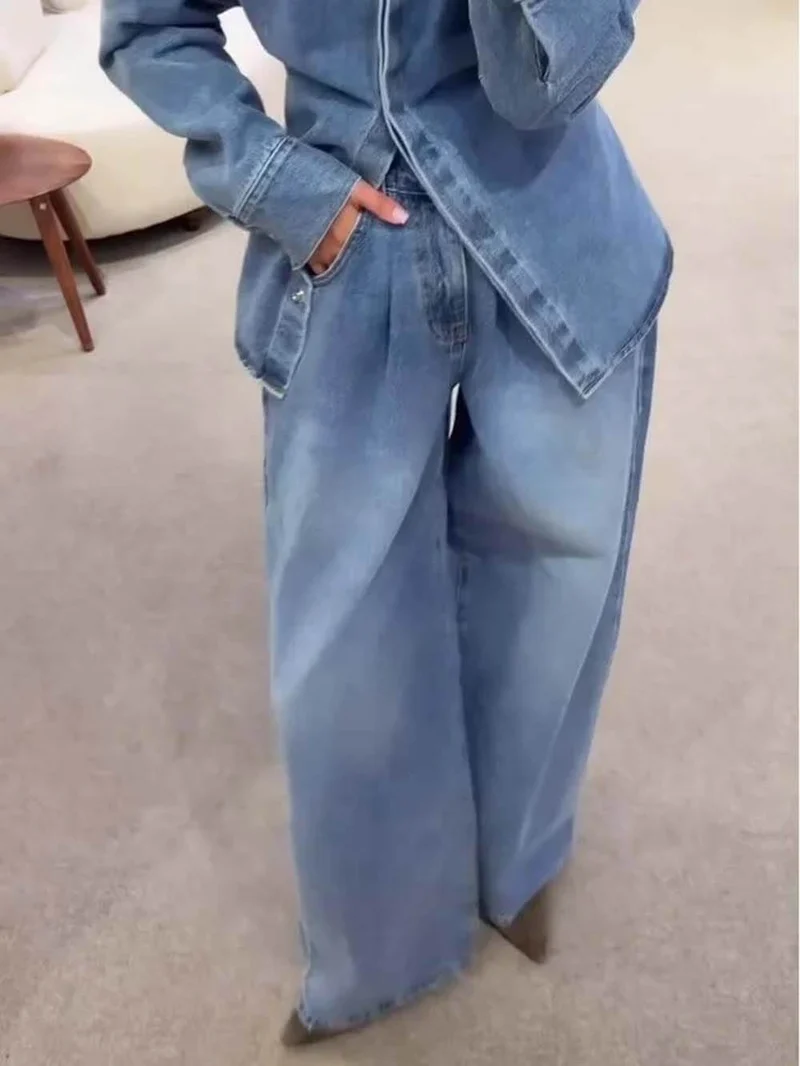 Fashionable High-Waist Pocket Wide-Leg Jeans