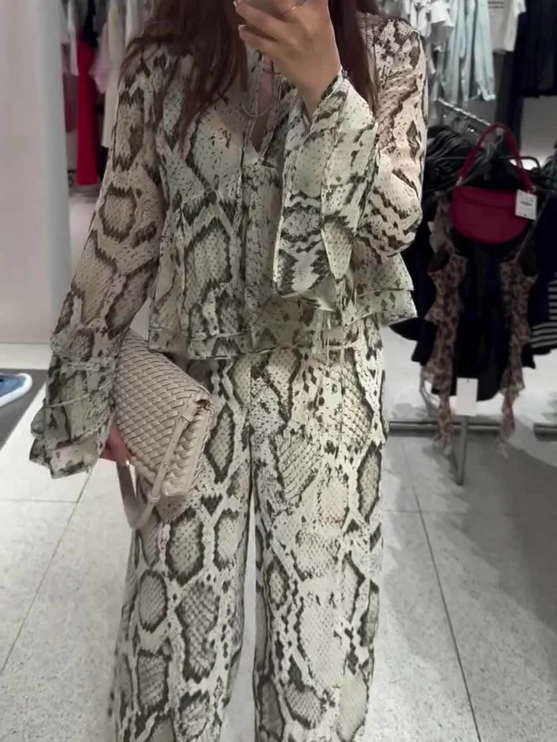 Unique Snake Print Wide-Leg Pants