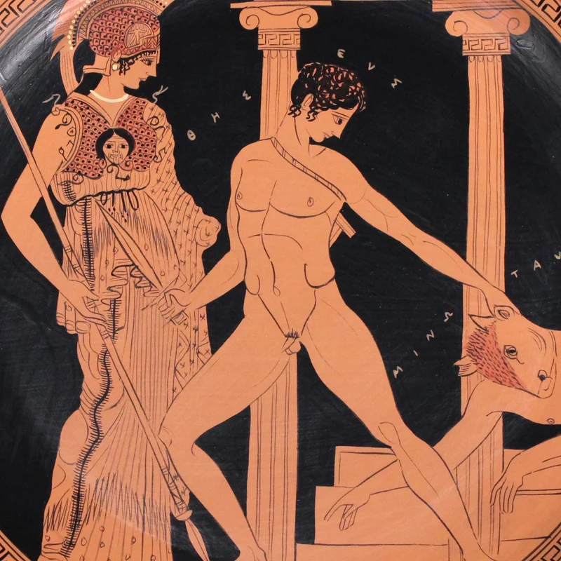 Assiette grecque avec Athéna et Thésée à figures rouges