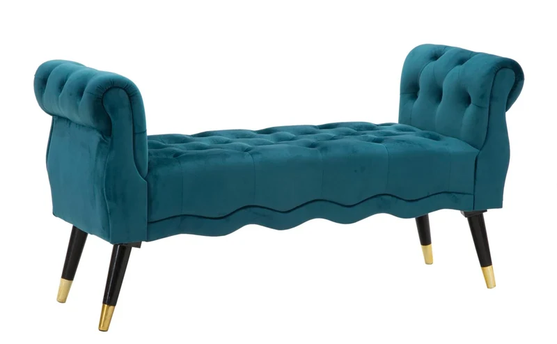 Banc en velours bleu sarcelle avec pieds dorés – Siège rembourré Paris