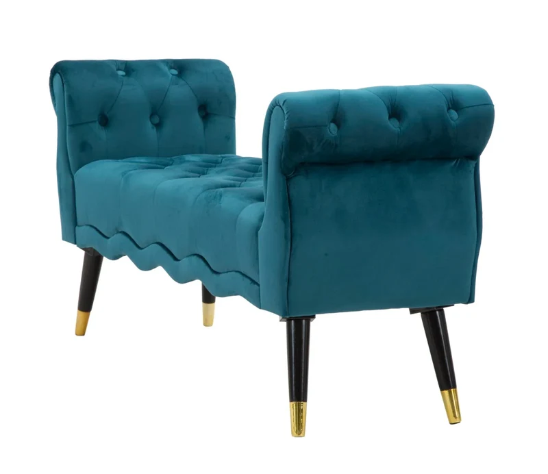 Banc en velours bleu sarcelle avec pieds dorés – Siège rembourré Paris