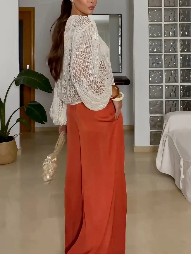 Elegant Sequined Cutout Long-Sleeved Sweater
