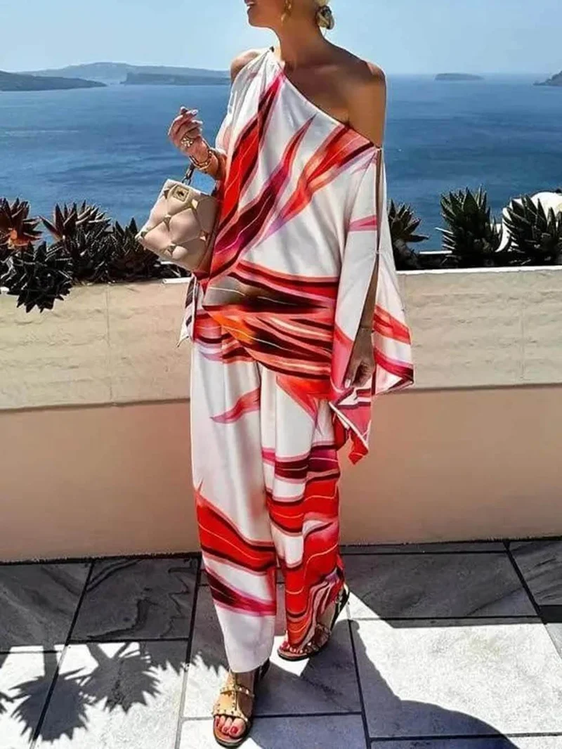 Exquisite One-Shoulder Printed Asymmetric Loose Shirt
