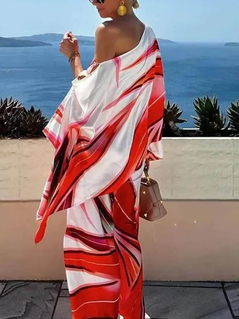 Exquisite Printed Elastic Waist Pocket Straight-Leg Pants