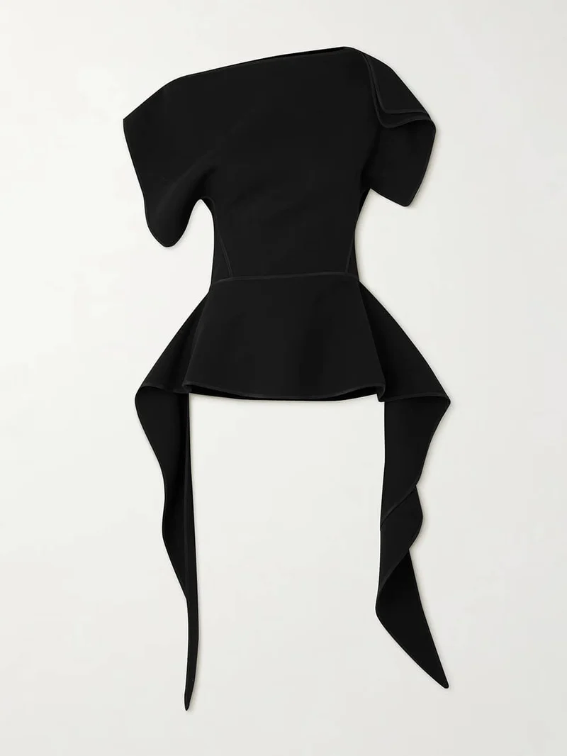 Unique Asymmetrical Ruffled Crepe Peplum Top
