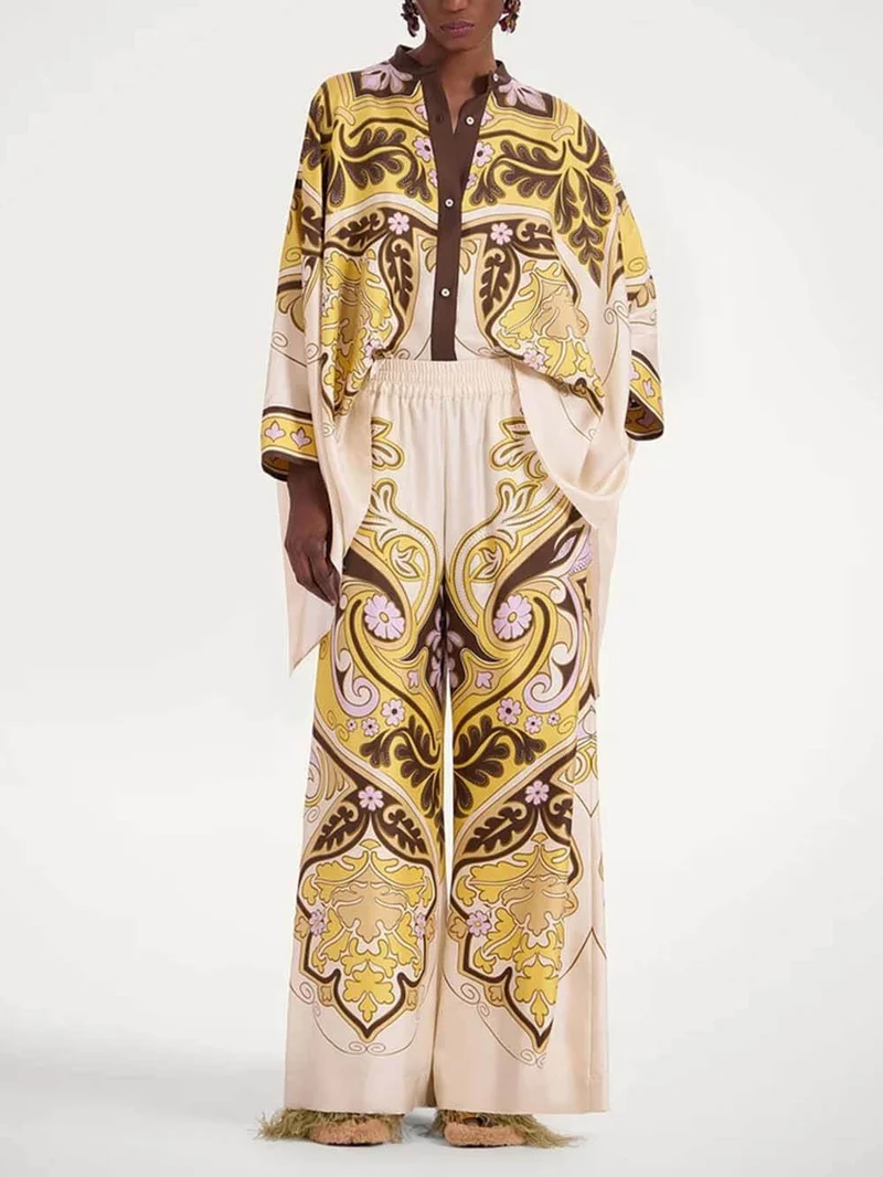 Unique Print Elastic Waist Loose-Fit Pocket Wide-Leg Pants