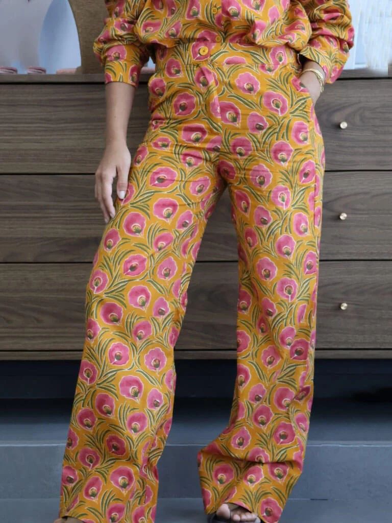 Unique Floral Print Mustard High-Waisted Straight-Leg Pants