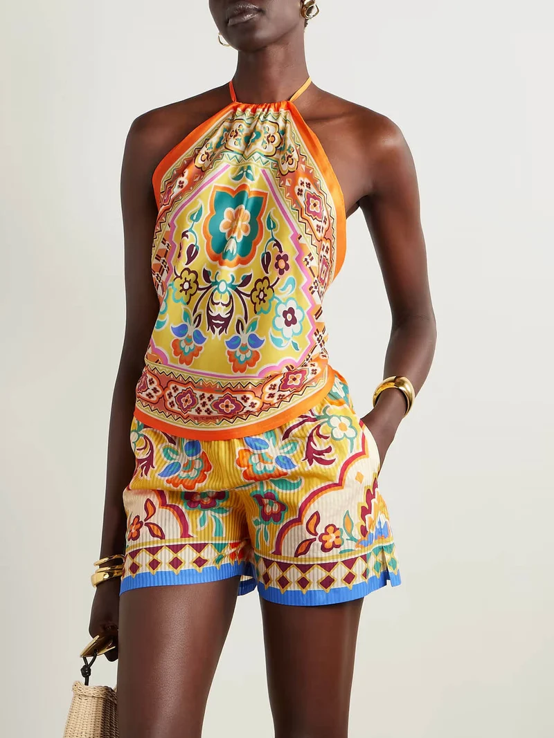 Ethnic Print Satin Halterneck Top And Shorts Set