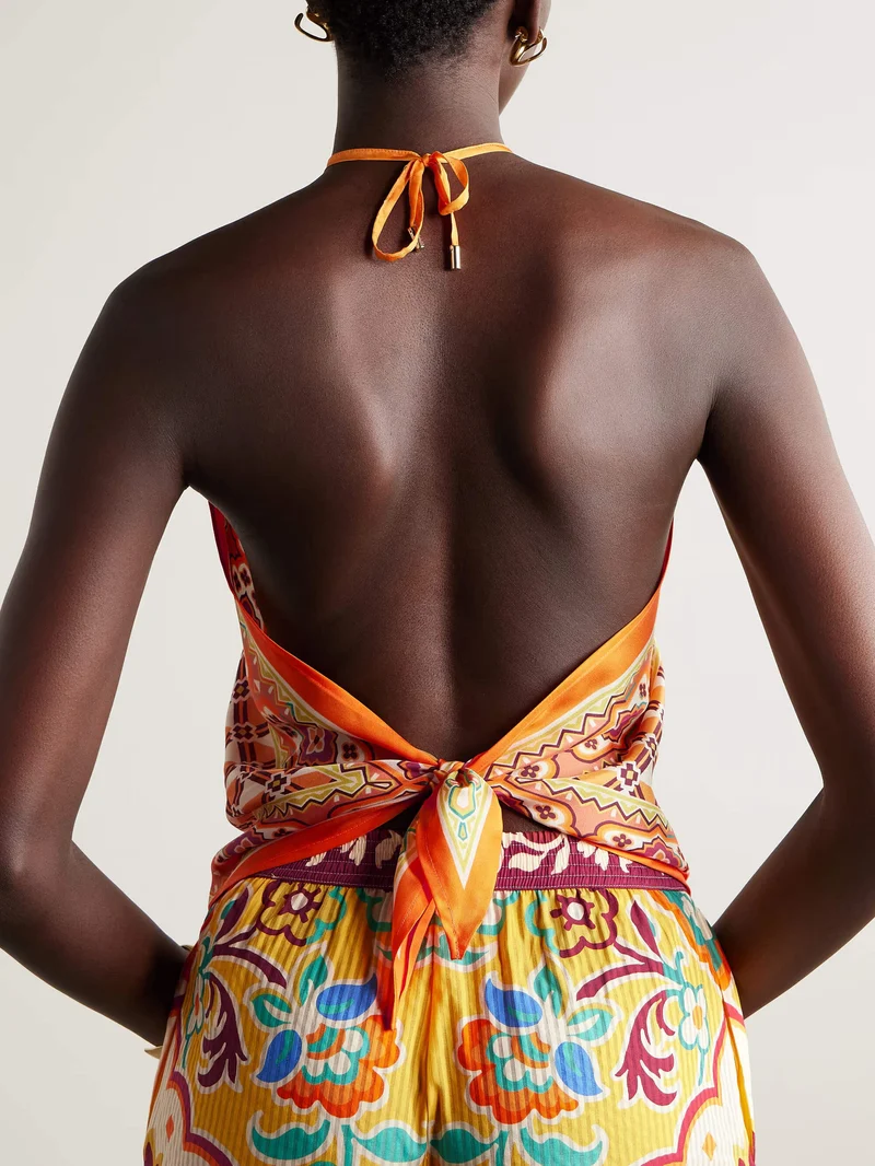 Ethnic Print Satin Halterneck Top And Shorts Set
