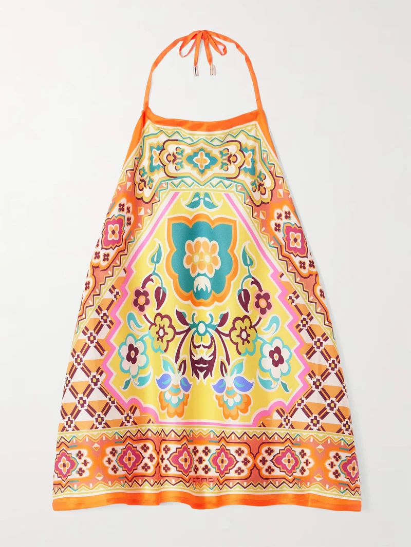 Ethnic Print Satin Halterneck Top And Shorts Set