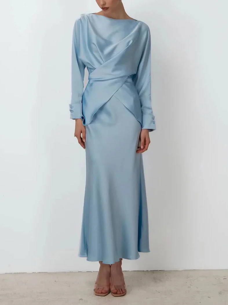 Elegant Asymmetrical Satin Long-sleeved Shirt