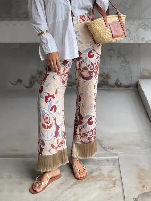 Bohemian Printed Fringe Hem Wide-Leg Pants
