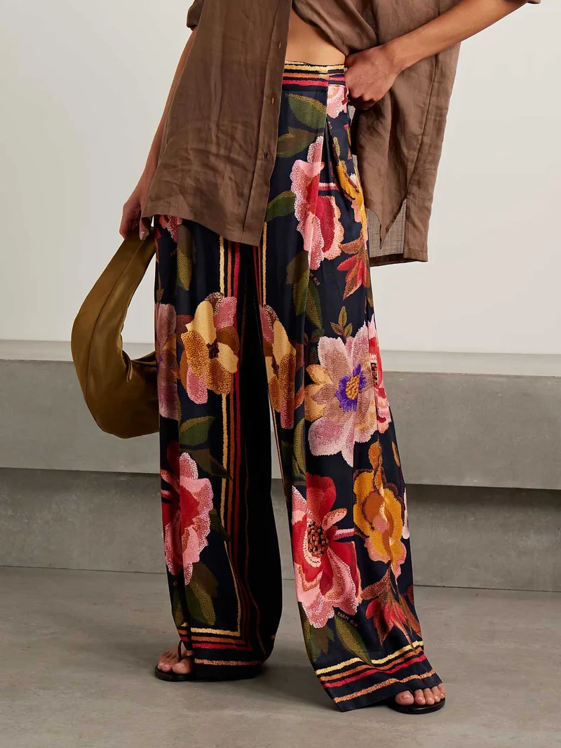 Exquisite Wrap-around Pleated Floral Print Wide-leg Pants