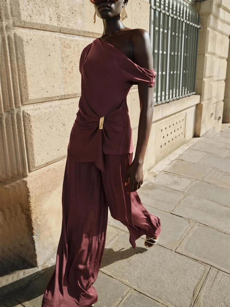 Casual Ruched High-Waist Wide-Leg Pants