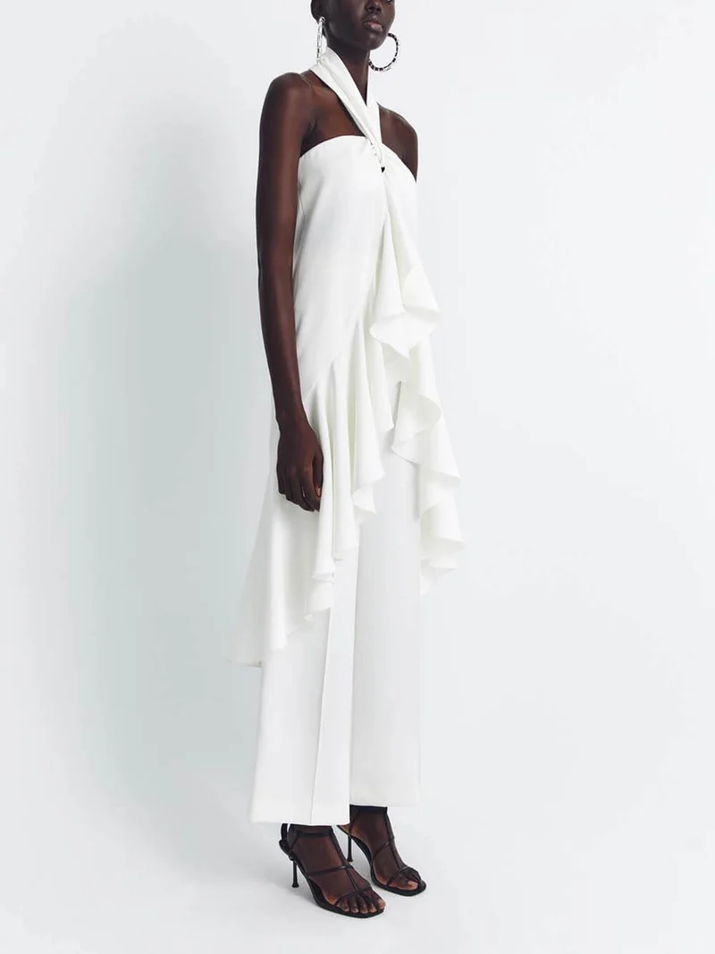 Casual Ruched Halterneck Backless Ruffle Top