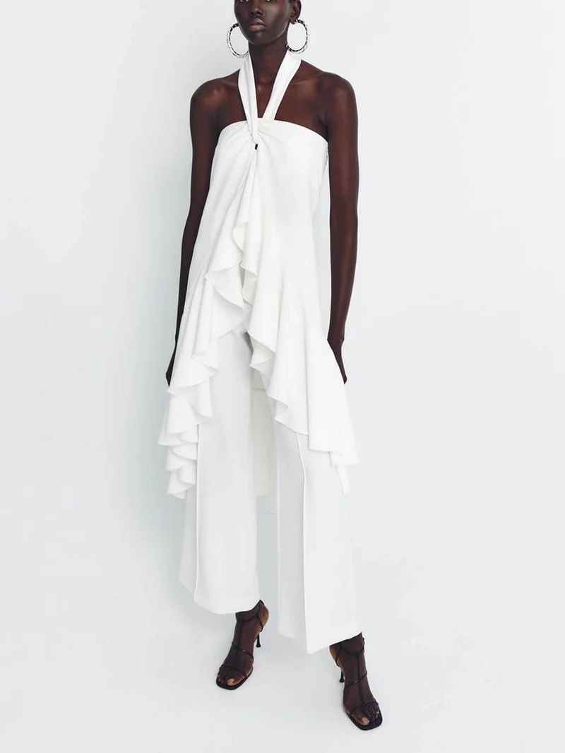Casual Ruched Halterneck Backless Ruffle Top