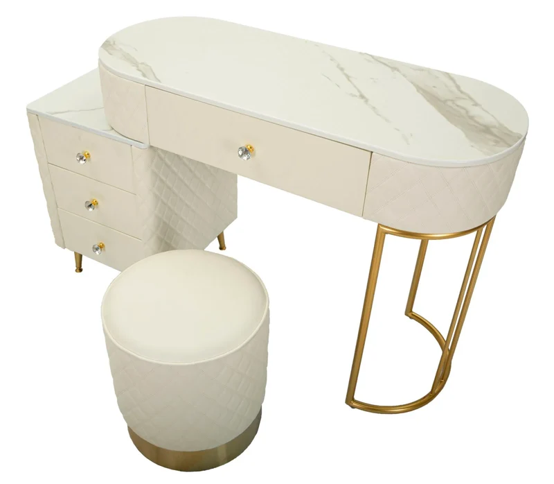 Bureau blanc avec tabouret assorti – Mobilier de chambre Sharon avec plateau en marbre