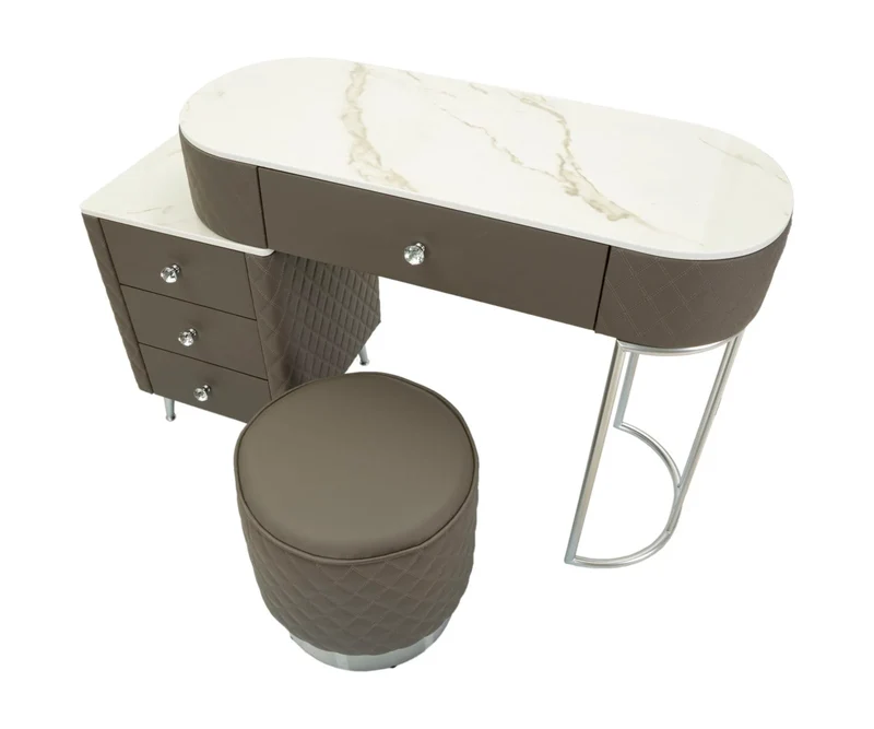 Bureau de lit gris avec tabouret et pieds argentés – Sharon Modern Style avec plateau en marbre