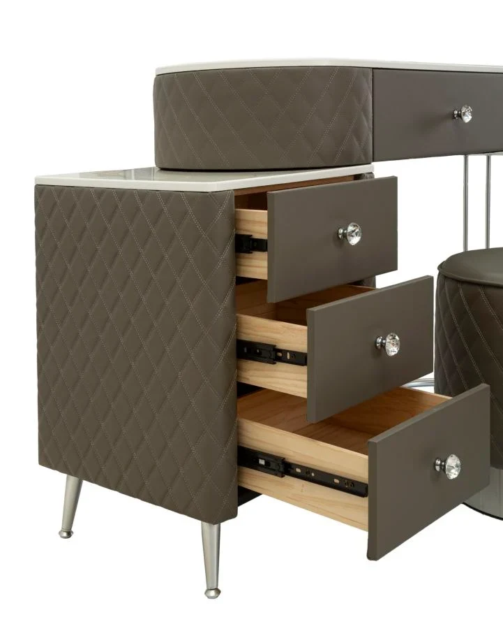 Bureau de lit gris avec tabouret et pieds argentés – Sharon Modern Style avec plateau en marbre