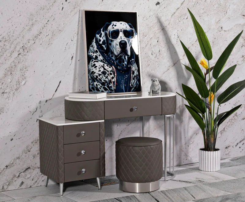 Bureau de lit gris avec tabouret et pieds argentés – Sharon Modern Style avec plateau en marbre