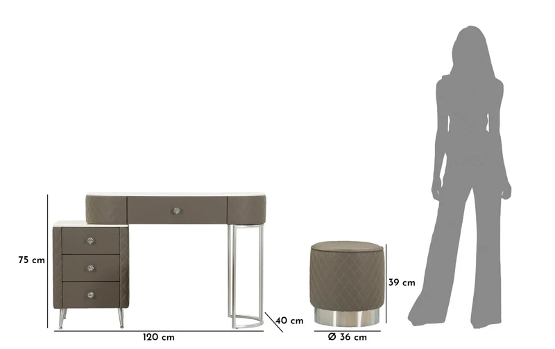 Bureau de lit gris avec tabouret et pieds argentés – Sharon Modern Style avec plateau en marbre