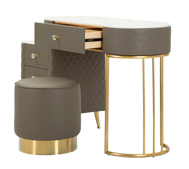 Bureau gris avec tabouret assorti – Mobilier de chambre Sharon avec plateau en marbre