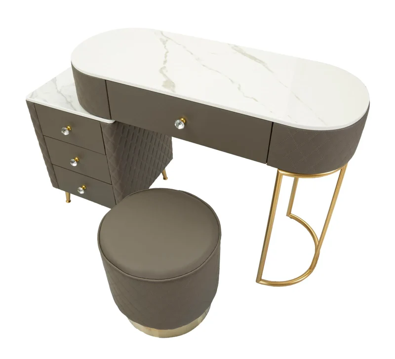 Bureau gris avec tabouret assorti – Mobilier de chambre Sharon avec plateau en marbre
