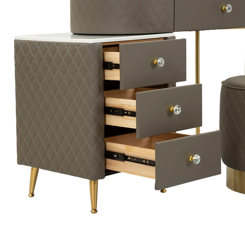 Bureau gris avec tabouret assorti – Mobilier de chambre Sharon avec plateau en marbre