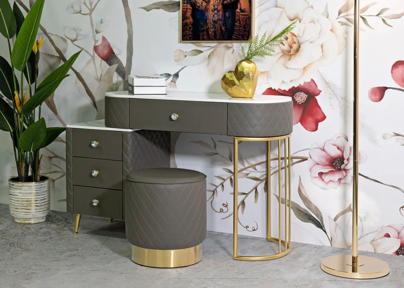 Bureau gris avec tabouret assorti – Mobilier de chambre Sharon avec plateau en marbre