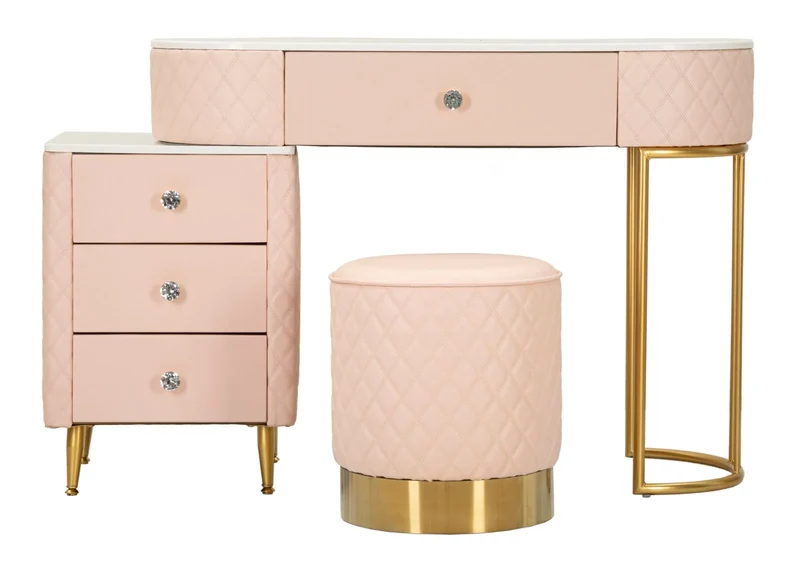 Bureau rose avec tabouret assorti – Mobilier de chambre Sharon avec plateau en marbre