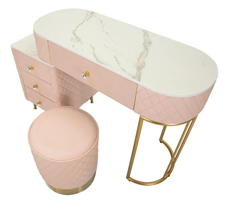 Bureau rose avec tabouret assorti – Mobilier de chambre Sharon avec plateau en marbre