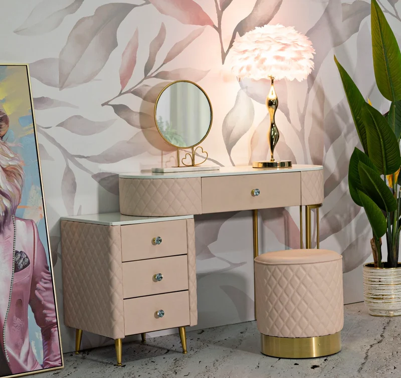 Bureau rose avec tabouret assorti – Mobilier de chambre Sharon avec plateau en marbre