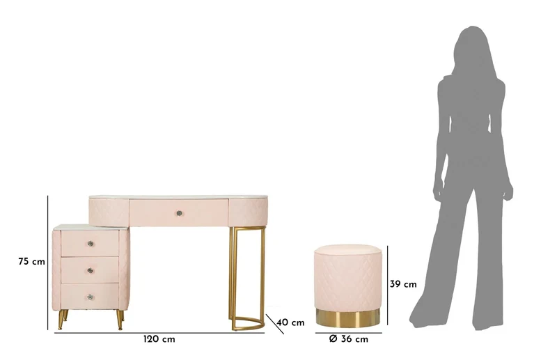 Bureau rose avec tabouret assorti – Mobilier de chambre Sharon avec plateau en marbre