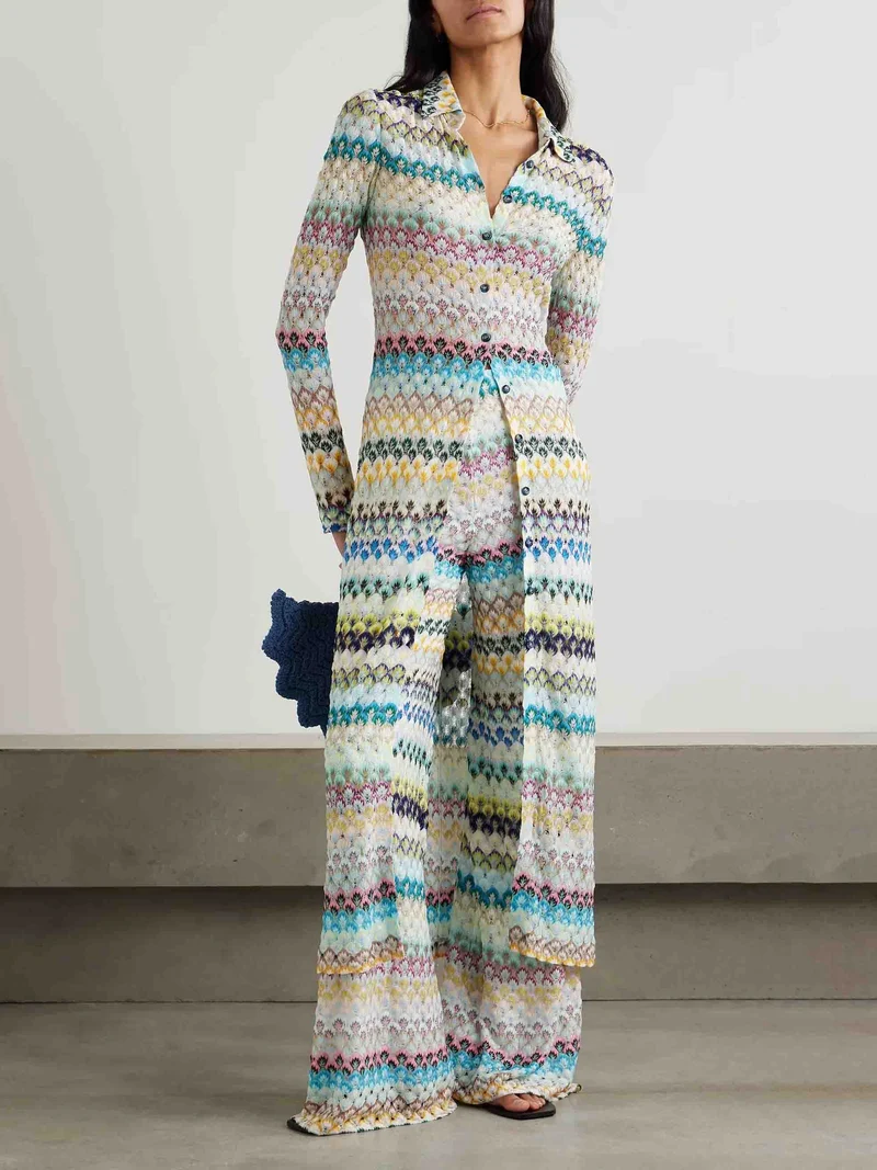 Elegant Wavy Crocheted Wide-Leg Pants