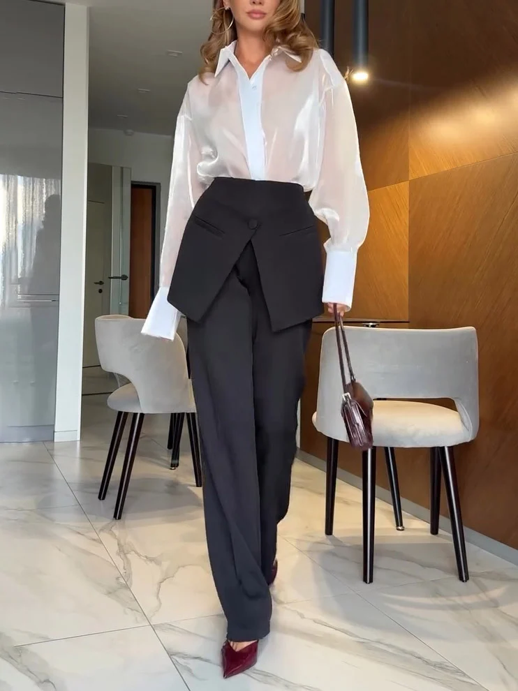 Elegant Shirt-collared Organza Sheer Shirt