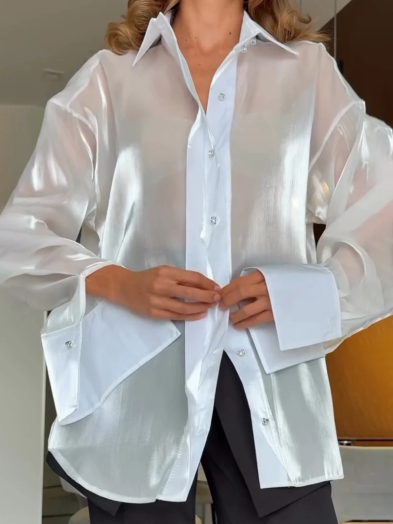 Elegant Shirt-collared Organza Sheer Shirt