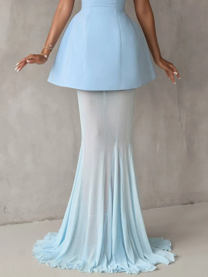 Elegant Off-the-shoulder Top And Mesh Sheer Fishtail Skirt Two-piece Set