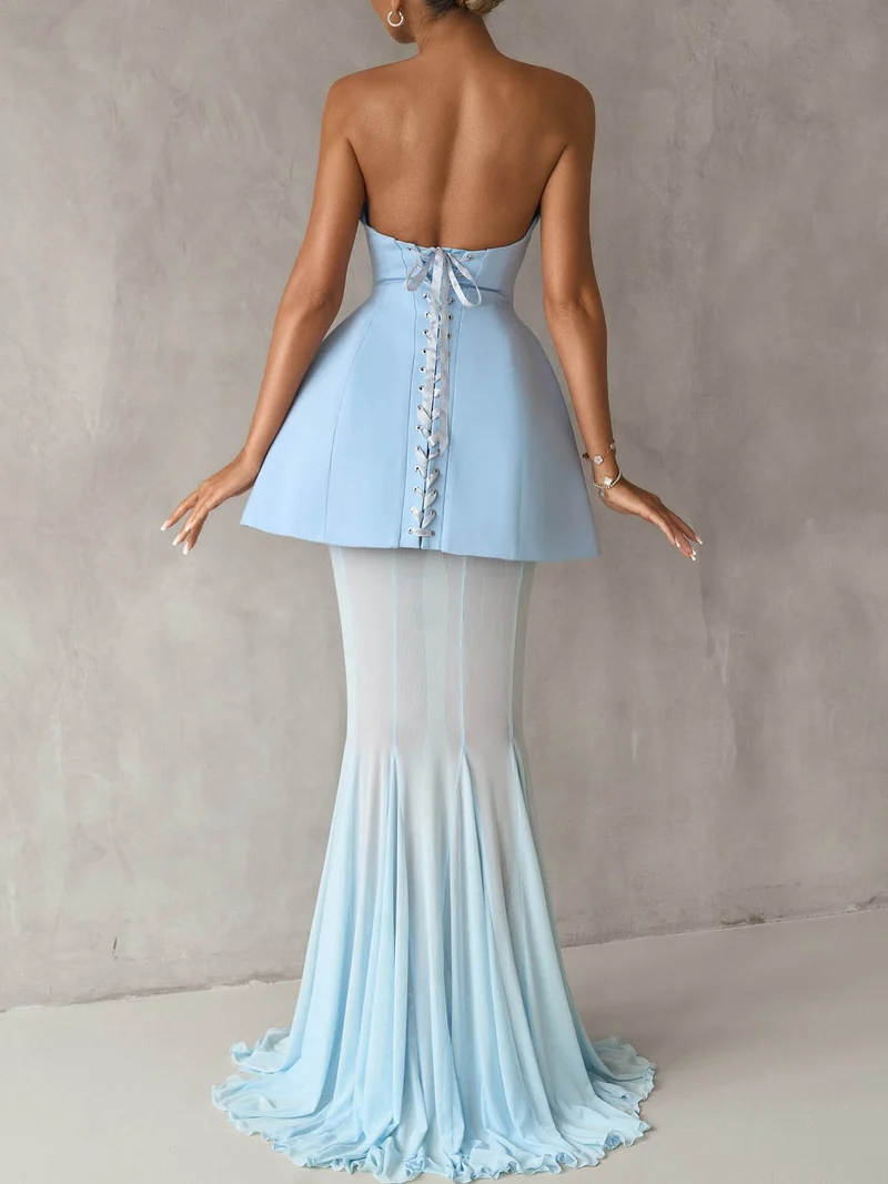 Elegant Off-the-shoulder Top And Mesh Sheer Fishtail Skirt Two-piece Set