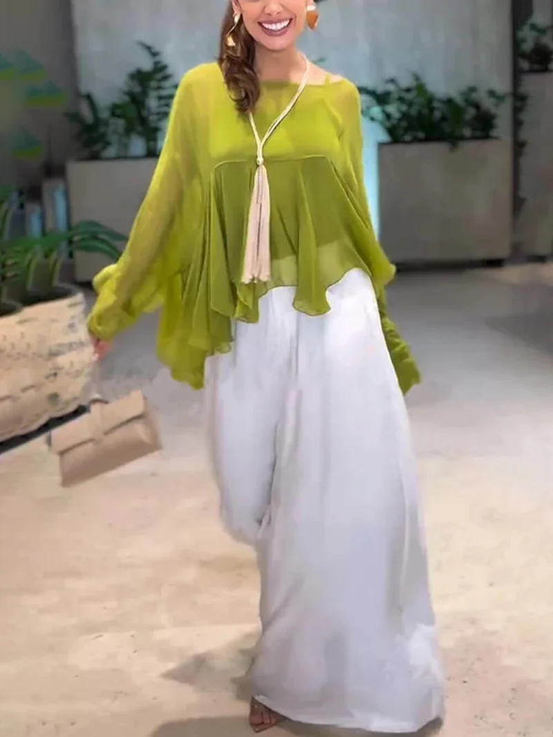 Elegant Romantic Journey Chiffon Ruffle Batwing Sleeve Top