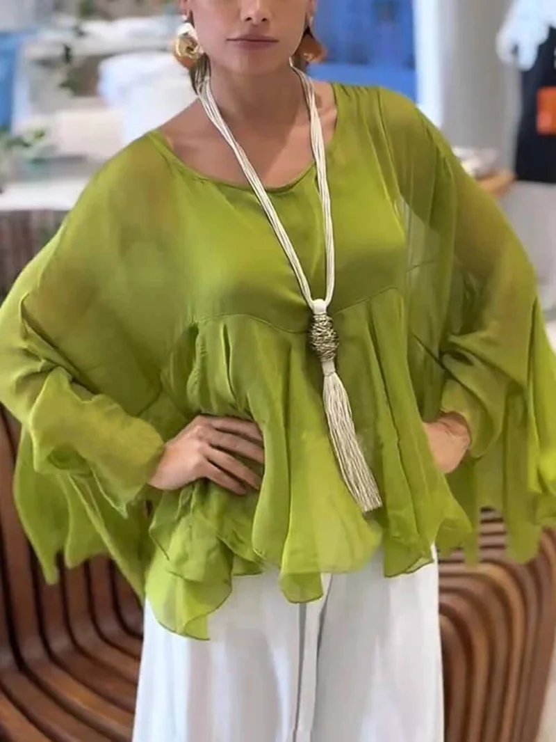 Elegant Romantic Journey Chiffon Ruffle Batwing Sleeve Top