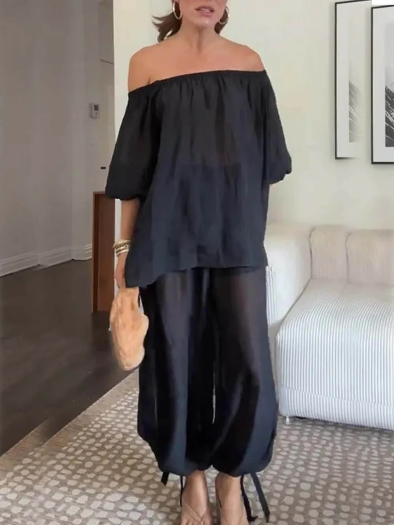 Casual Chiffon Off Shoulder Balloon Sleeve Top