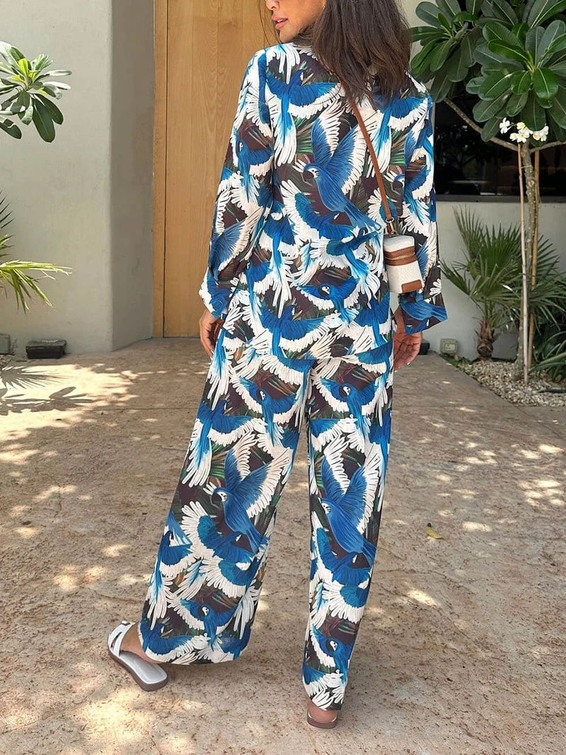 Unique Printed Elastic-Waist Wide-Leg Pants