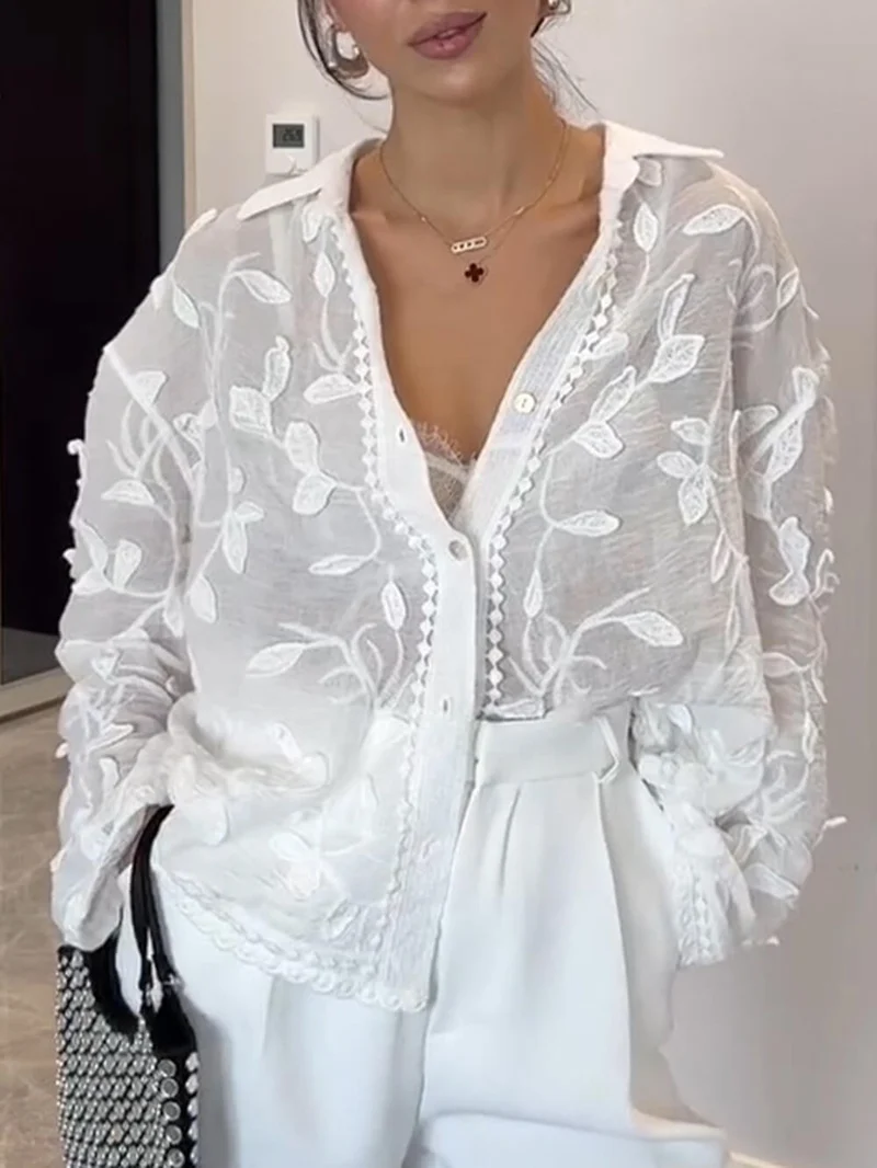Exquisite Lapel Long Sleeves Embroidered Loose Top