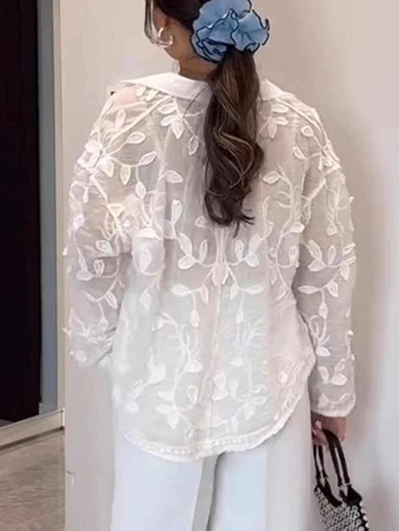Exquisite Lapel Long Sleeves Embroidered Loose Top